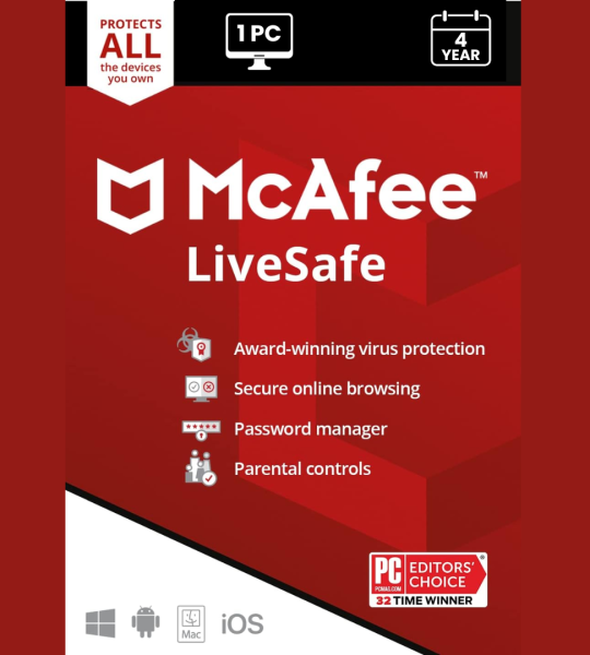 McAfee LiveSafe, for PC, Apple Mac, iOS, or Android